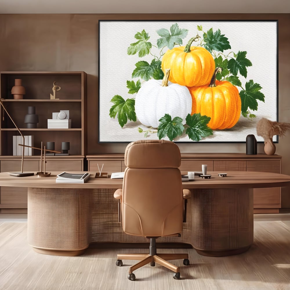 Tablou canvas cu pictura decorativa cu trei dovleci, in rama de aluminiu negru, pe perete intr-un birou